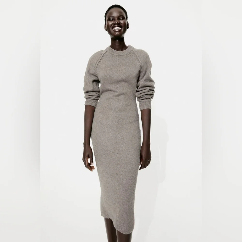 H&M Taupe Melange Cozy Knit Bodycon Longline Sweater Dress XS. - Picture 1 of 10